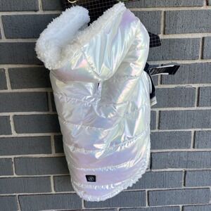 Silver Paw Dog LARGE Metallic Shiny Puffer Jacket Vest Quilted Insulated Warm